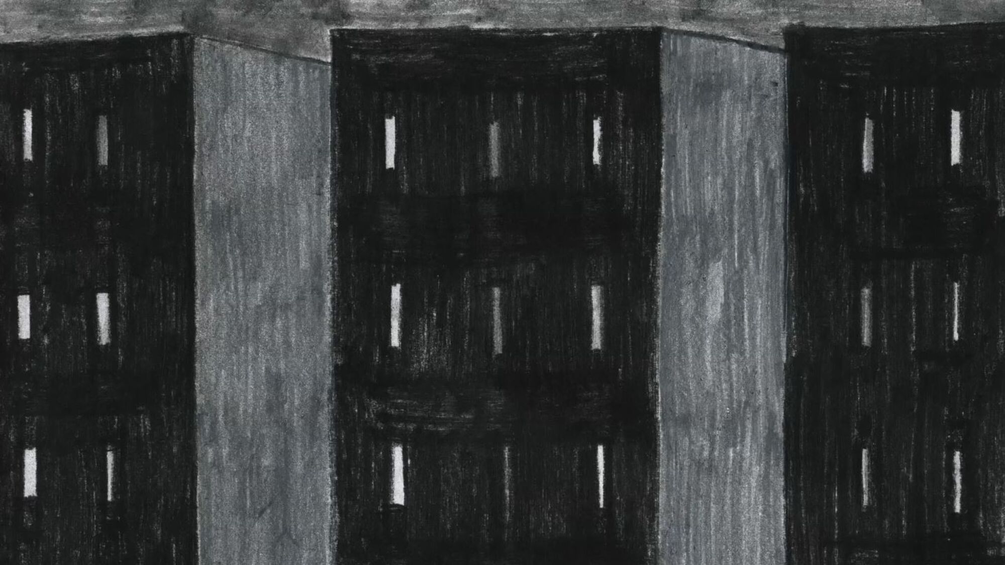 Ausschnitt aus einem Animationsfilm. Grafitzeichnung von drei schwarz-weißen Gebäuden.
