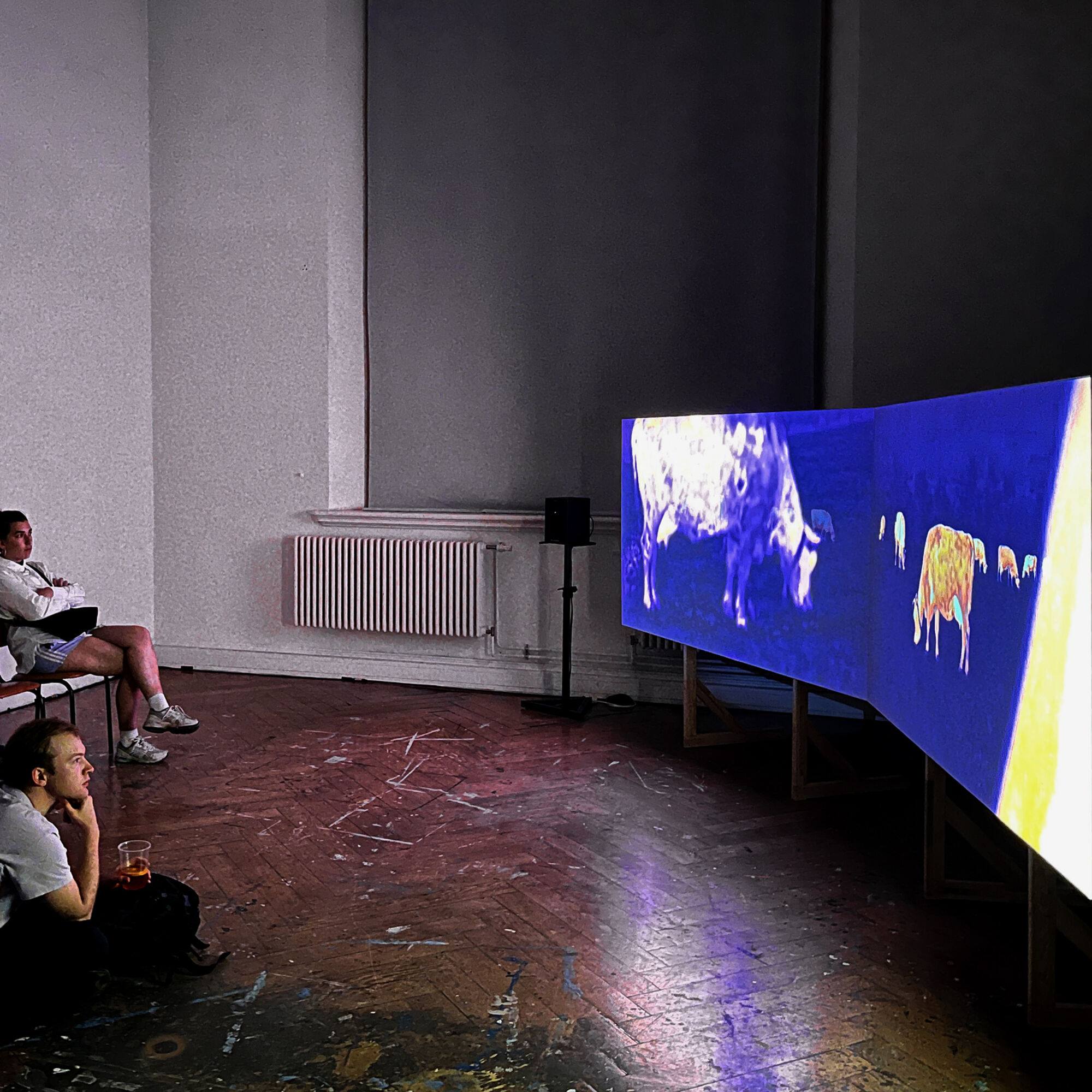 Ausstellungsansicht: Raum mit zwei Kanal Videoinstallation