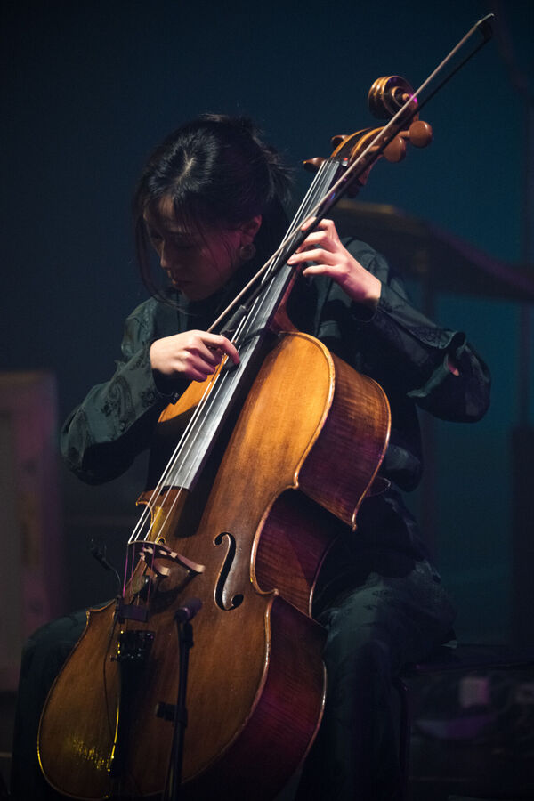 Person mit Cello im Spotlight