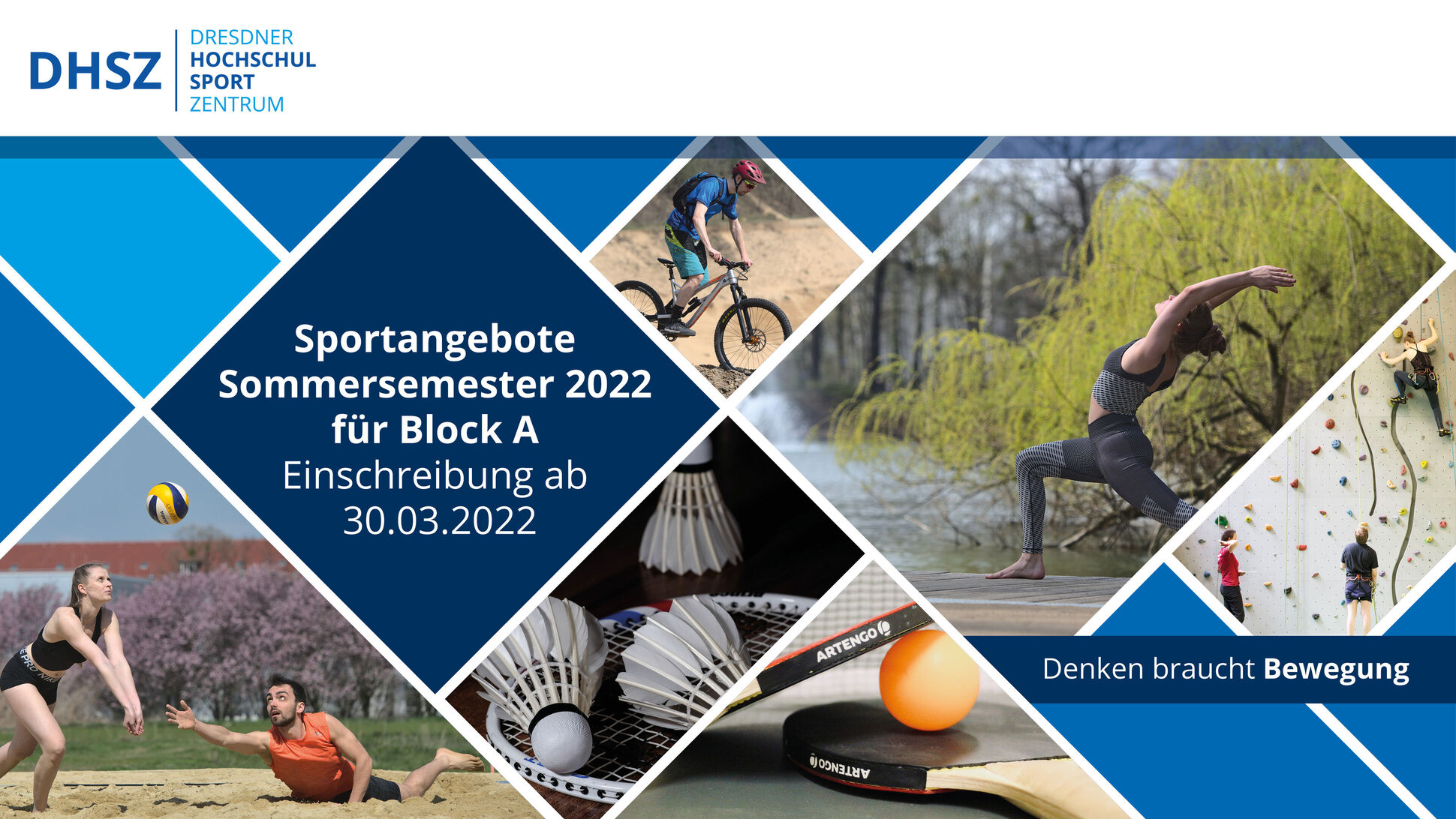 Flyer des Hochschulsportzentrums blau weiß mit Info zur Einschreibung