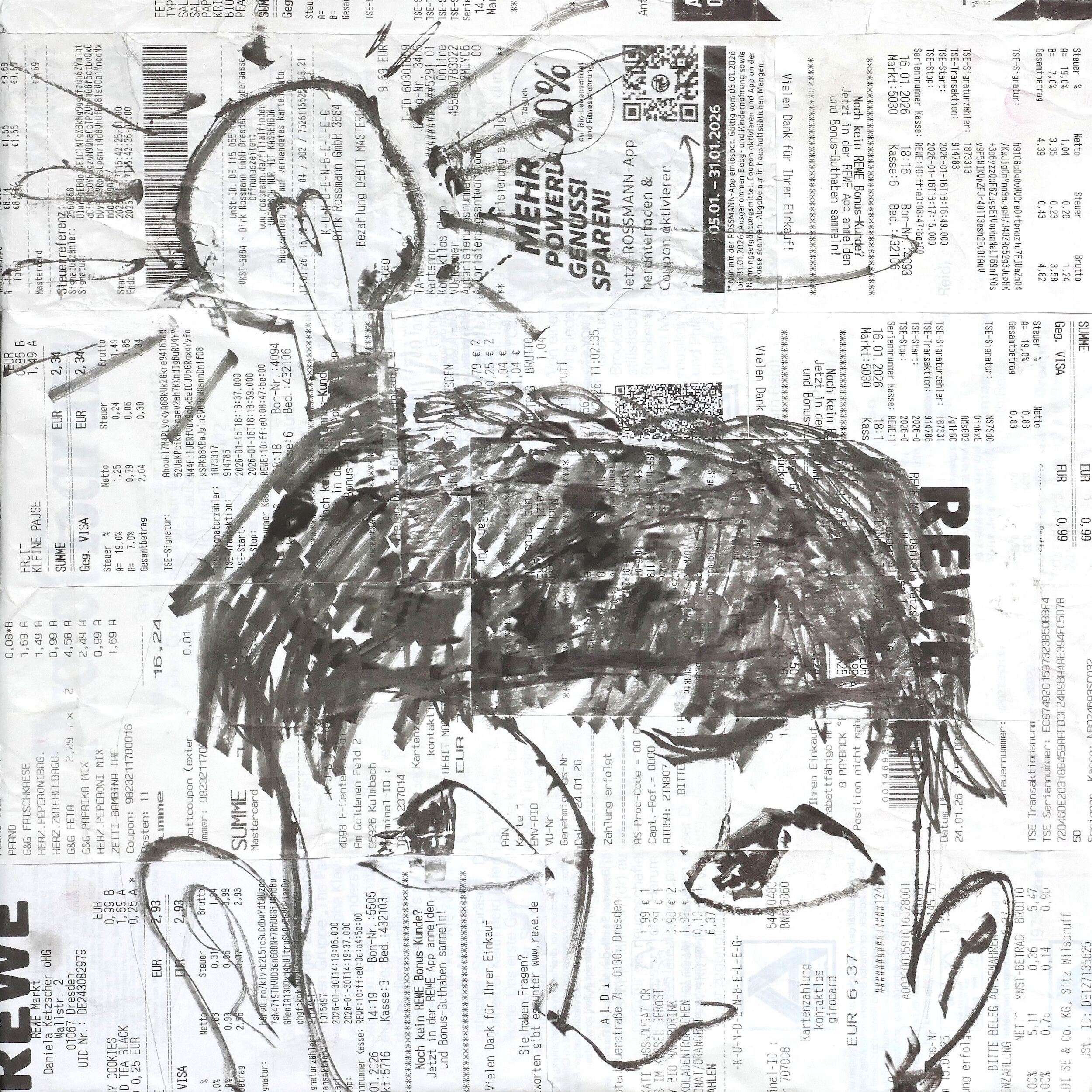 Zeichnung eines Gesichts auf Kassenbelegen