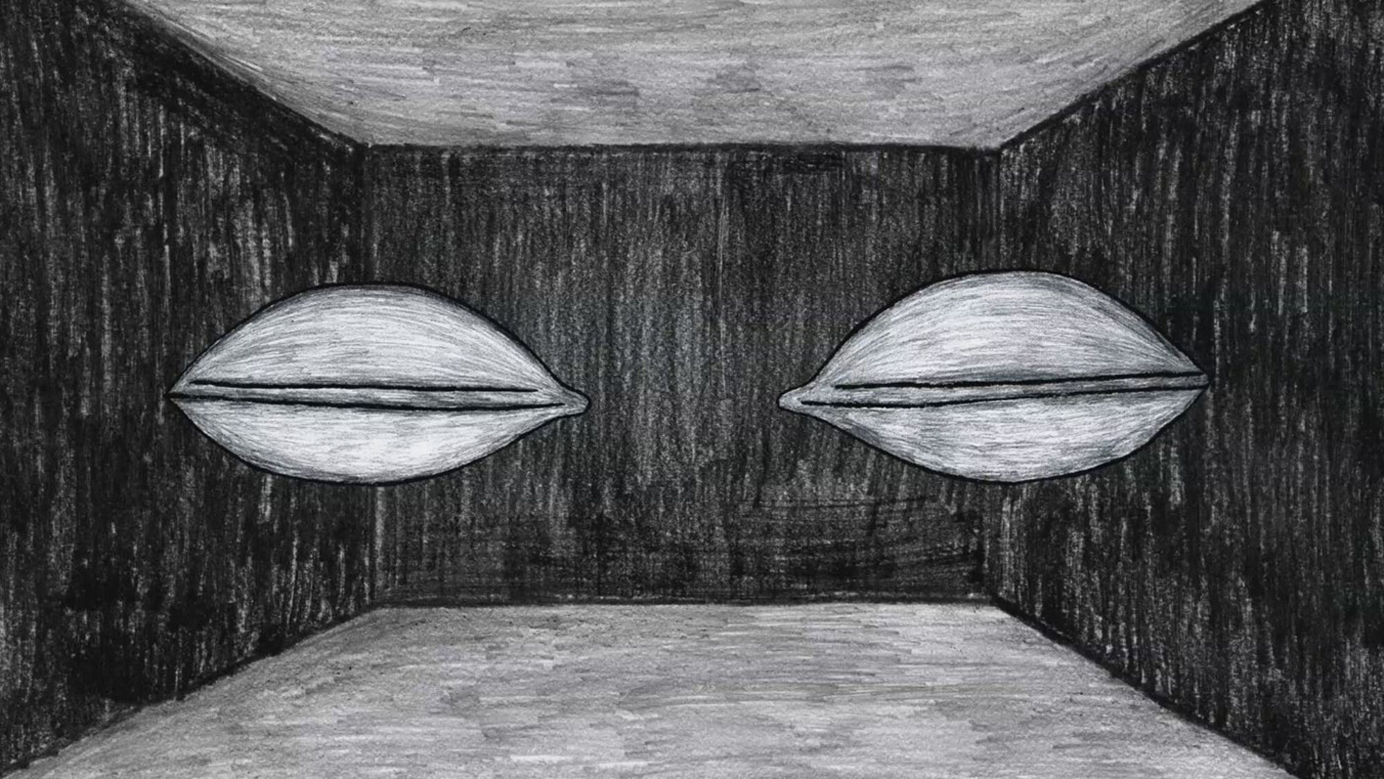 Ausschnitt aus einem Animationsfilm. Grafitzeichnung von einem schwarz-weißen Auge im Raum.