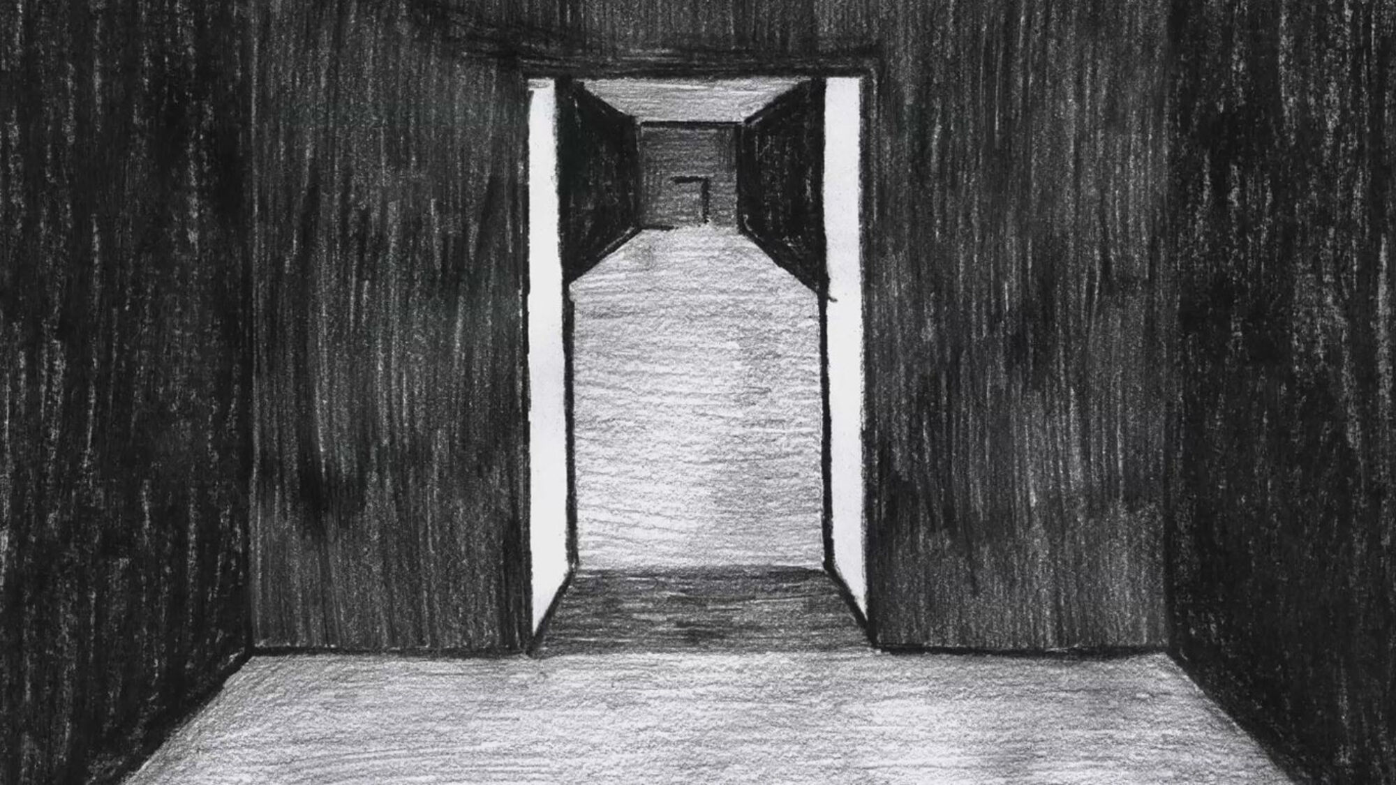Ausschnitt aus einem Animationsfilm. Grafitzeichnung von einem schwarz-weißen Raum mit einem Tür.