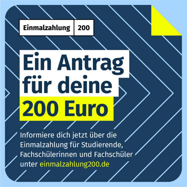 Information Einmalzahlung 200,- Euro blauer Hintergrund, leuchtgelbe Schrift