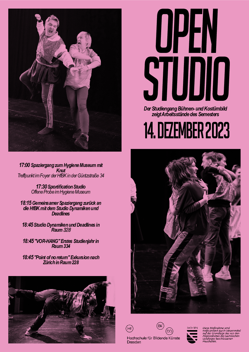 Plakat der Open Studios am 14.12.23, Rosa Hintergrund mit schwarz-weiß Bildern