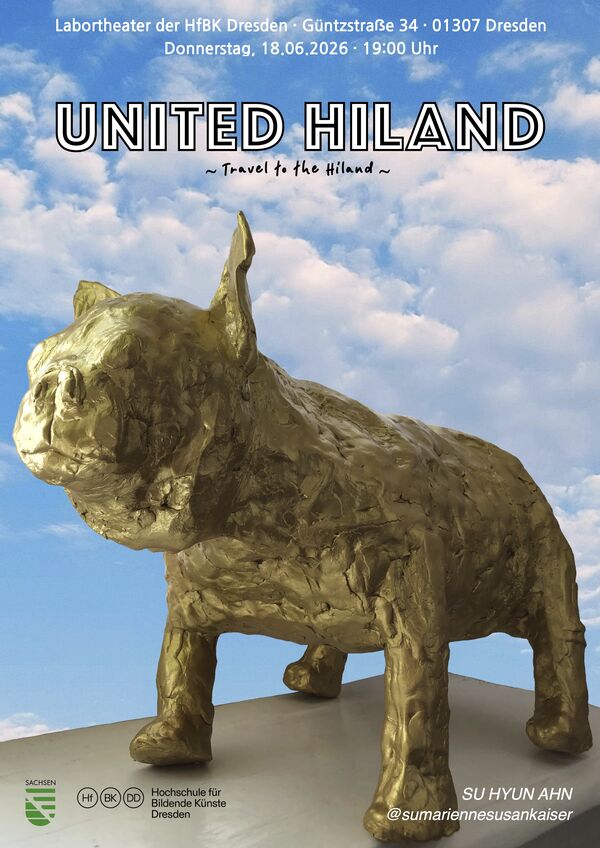 Willkommen in United Hiland Veranstaltungsplakat mit Abbildung eines messingfarbenen Hundes