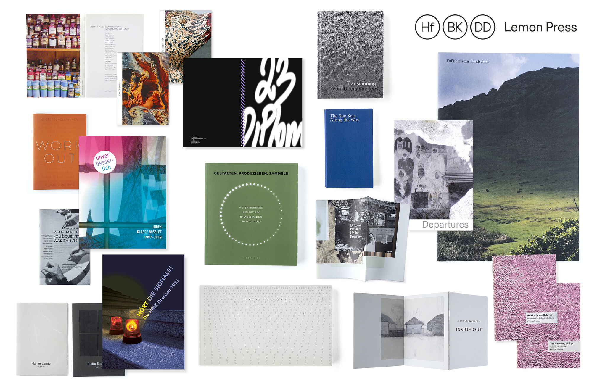Collage von Buchcovern, Publikationen der HfBK Dresden