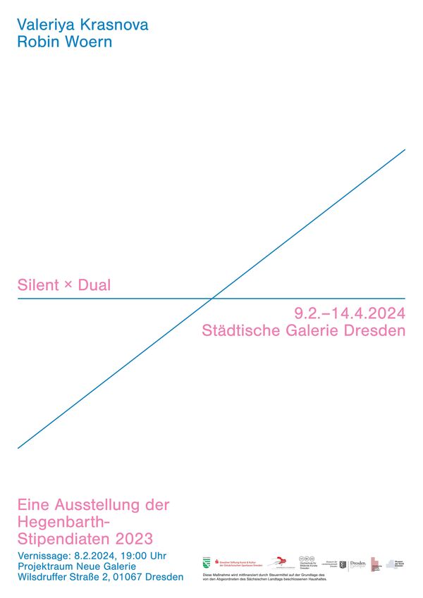 Plakat zur Ausstellung Silent × Dual, viel Weißraum, pinke und blaue Linien