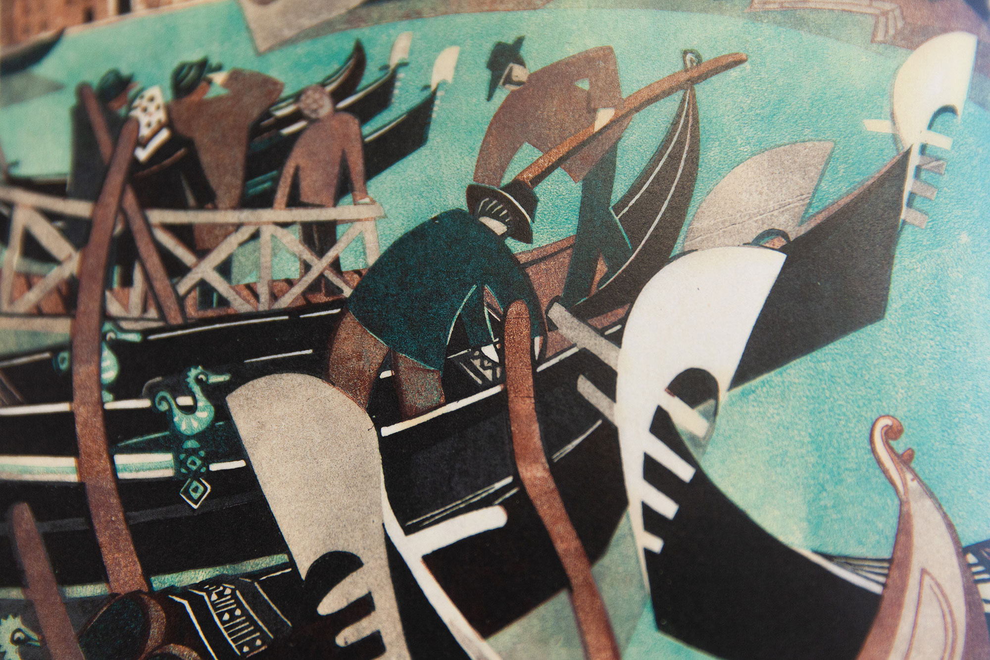 Linocut by Lili Tschudi, showing boats, perhaps Venetian gondolas.