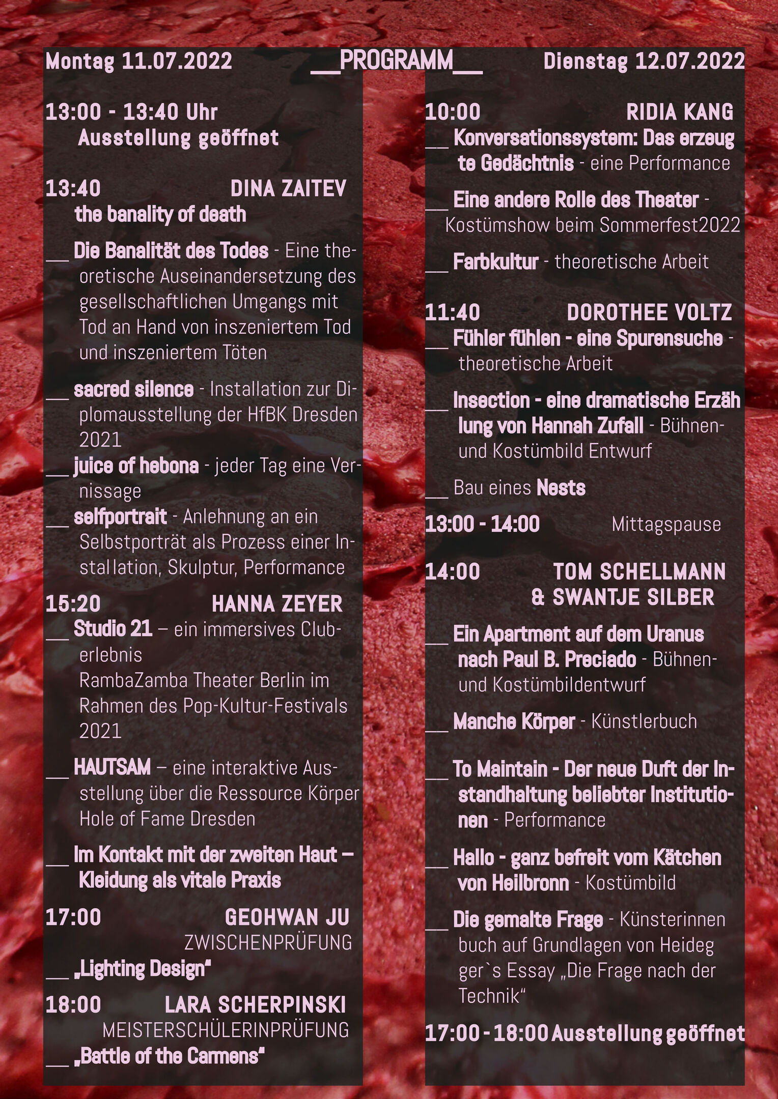 Poster und Programmübersicht der Präsentationen der Abschlussarbeiten des Studiengangs Bühnen- und Kostümbild