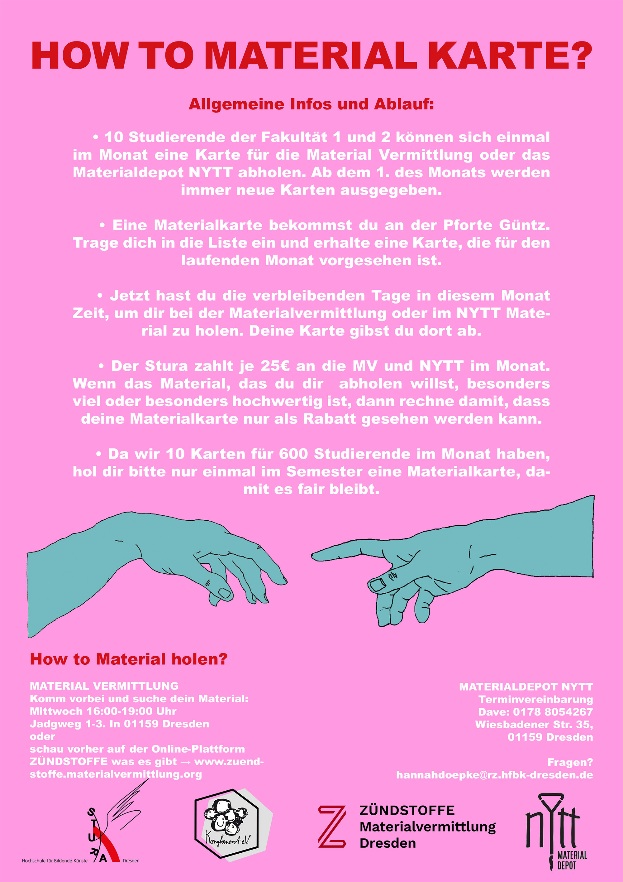 Plakat zur Kooperation mit dem Materialdepot. Beschreibung des Ablaufs der vergünstigten Nutzung für Studierende