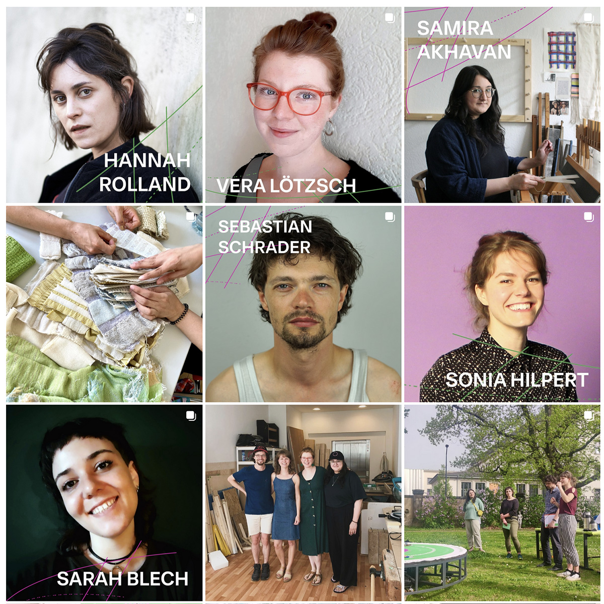[Translate to Englisch:] Quadratisches Bild mit sechs Kacheln, zu sehen sind Portraits der Projektmitarbeiter*innen und Atelieransichten