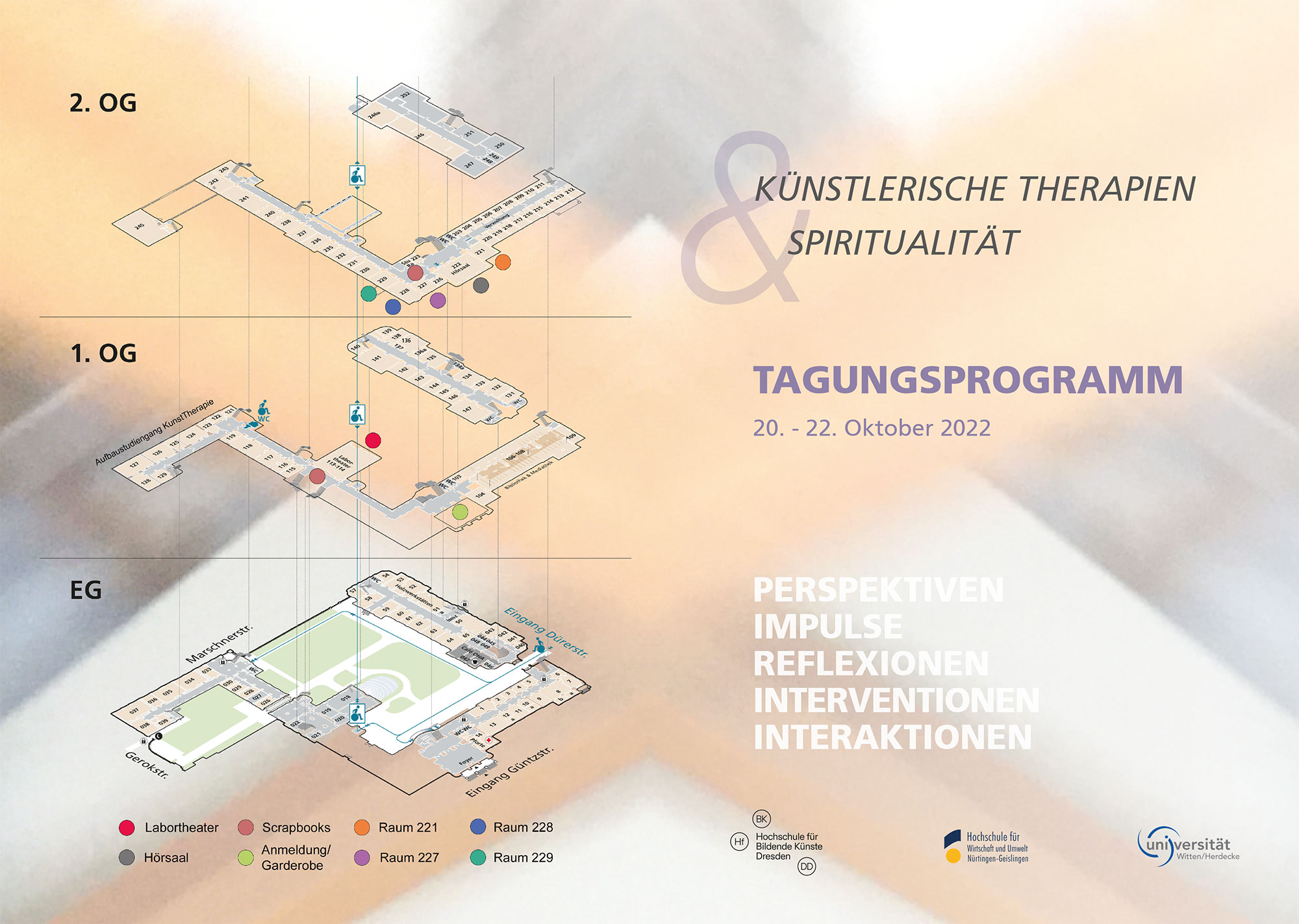 Tagungsprogramm "Künstlerische Therapien und Spiritualität". Raumplan der Liegenschaft Güntzstraße