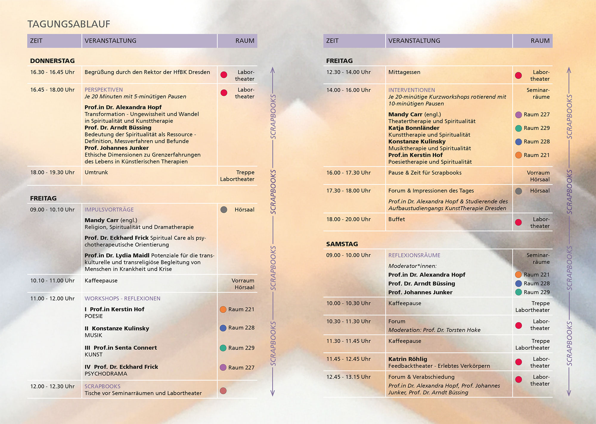 Tagungsprogramm "Künstlerische Therapien und Spiritualität". Tagungsprogramm