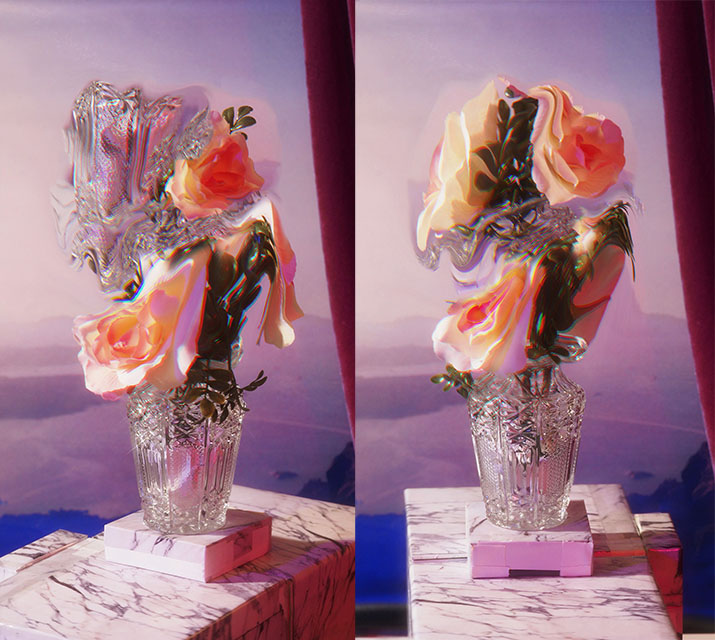 [Translate to English:] Zwei Fotografien Rosen in Kristallvase