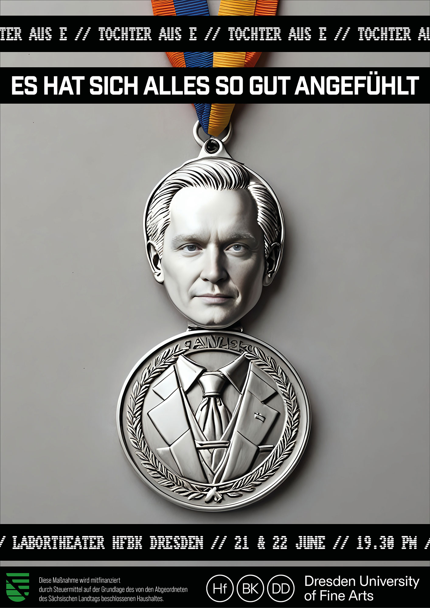 Plakat mit schwarzen low-tech Bannern und silberner Medaille