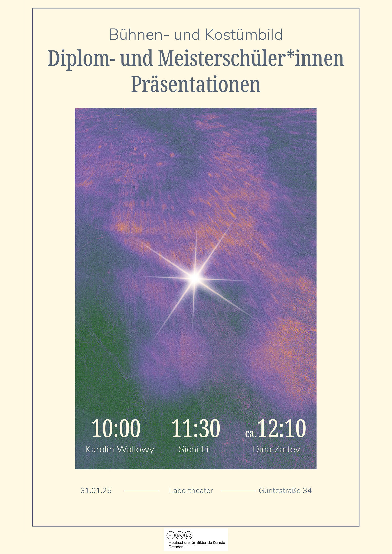 Plakat, hellgelb mit spärischem lila bild