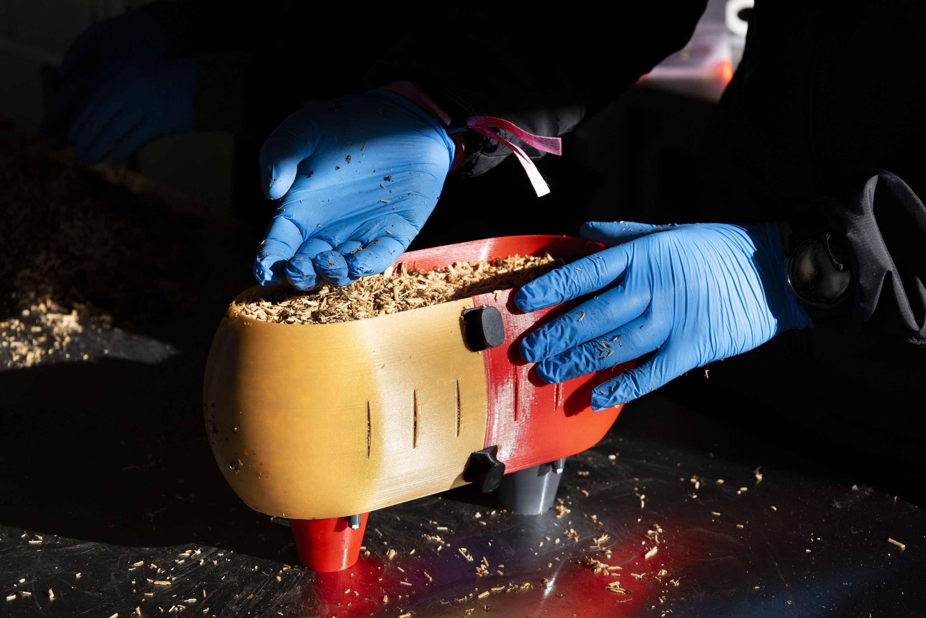 Nahaufnahme von Händen in blauen Plastikhandschuhen, die eine 3D gedruckte Form mit Holzspänen füllen.