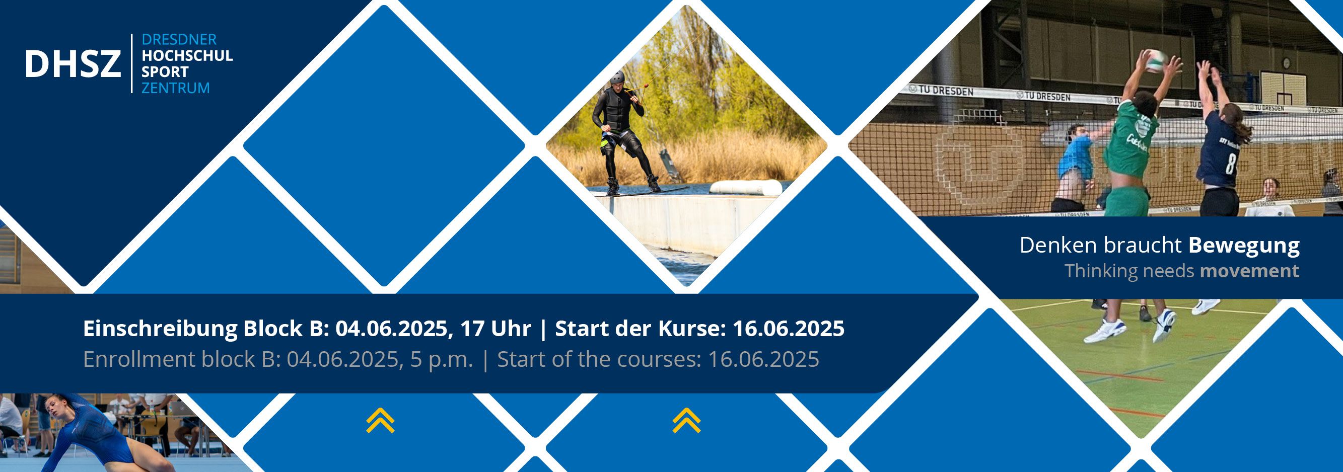 Blaue Kacheln, dazwischen Menschen beim Teamsport
