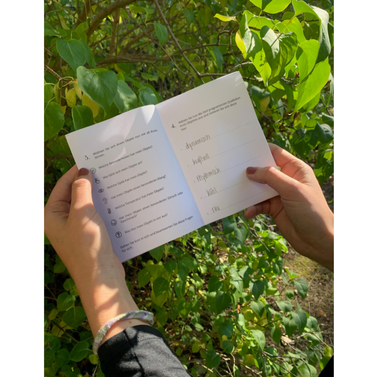 Zwei Hände halten einen Text vor begrünter Kulisse.