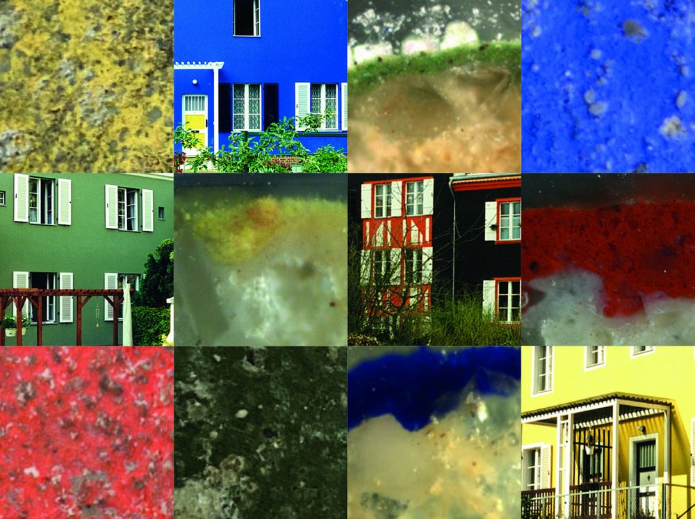Bildcollage mit Fotos von Fassaden und extremen Nahaufnahmen der bunten Wandoberflächen