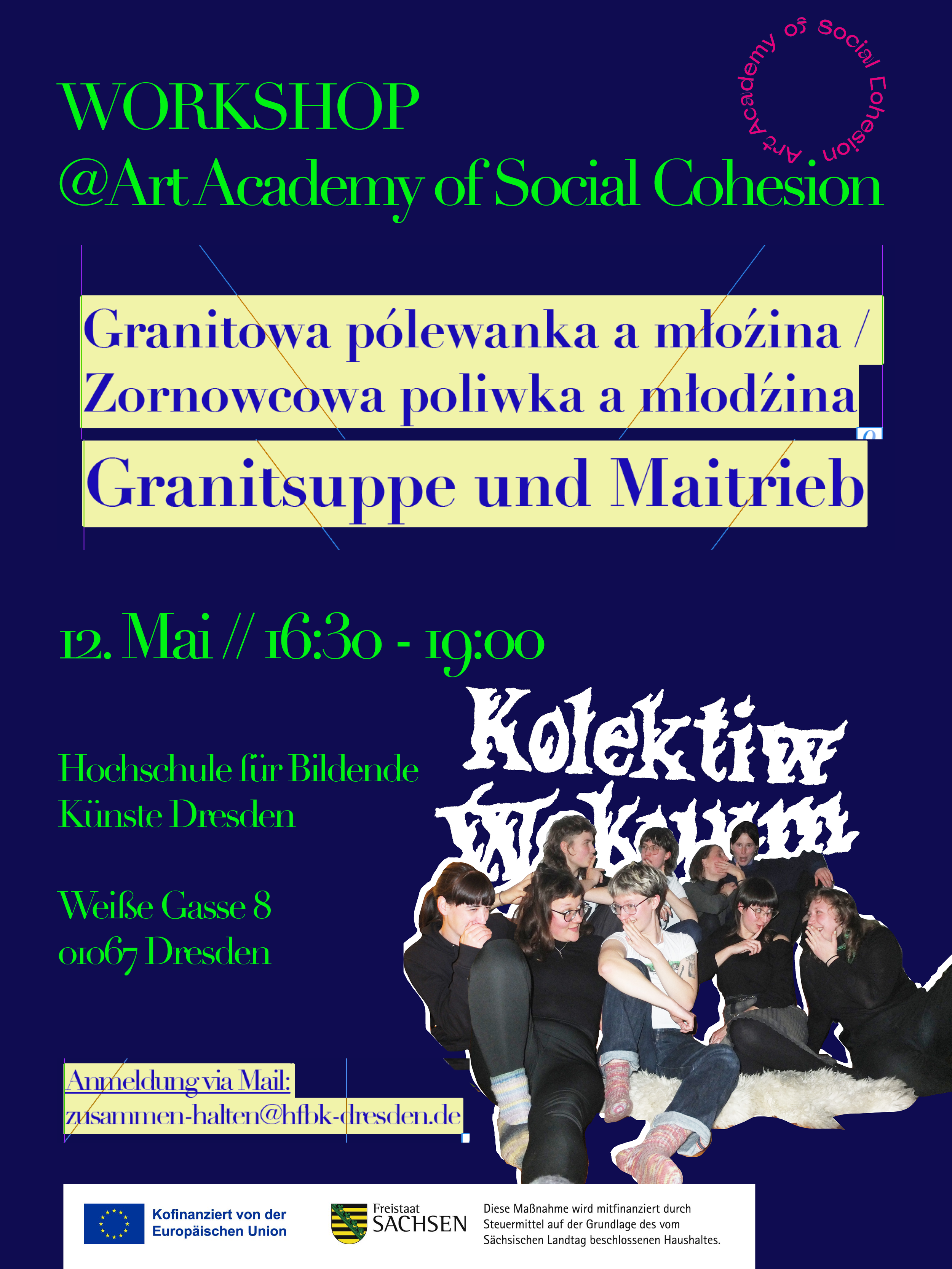 Granitowa pólewanka a młoźina / Zornowcowa poliwka a młodźina Ankündigungsgrafik, dunkelblau, hellgelber Text