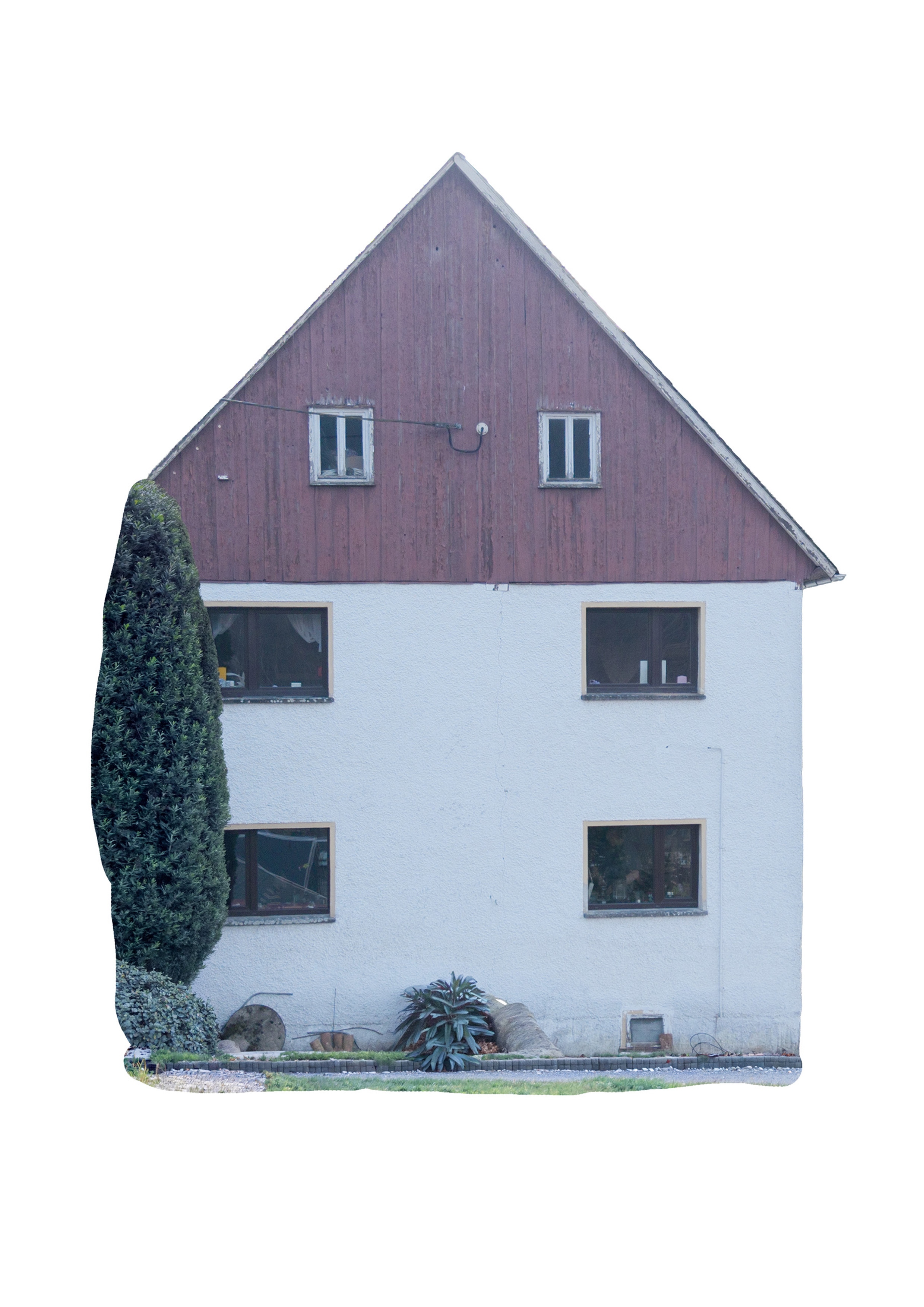 Fotografie eines Hauses, Hintergrund komplett weiß.