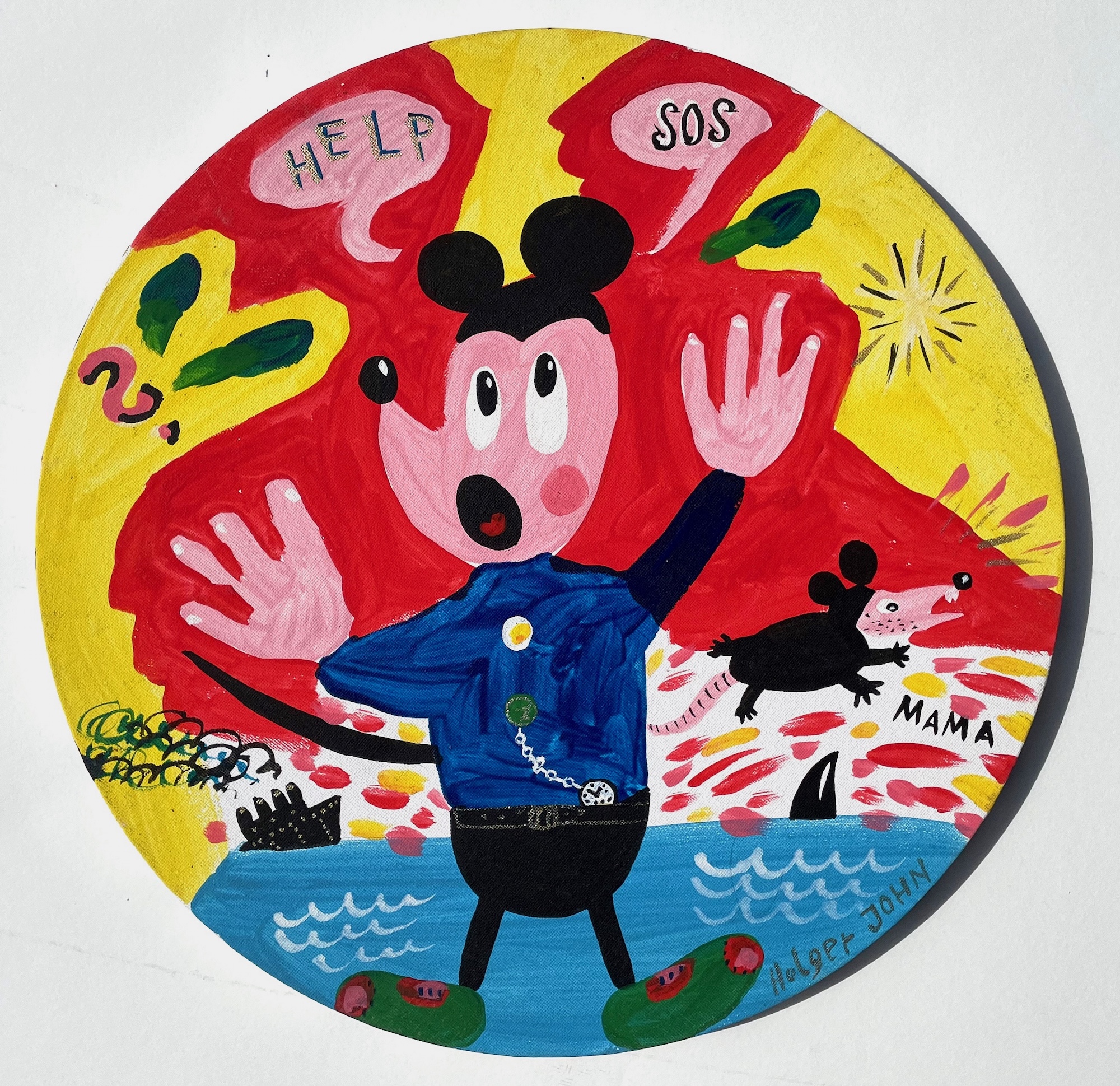 Naives Gemälde, rund, Mickey Mouse schreiend, Referenz Edvard Munch