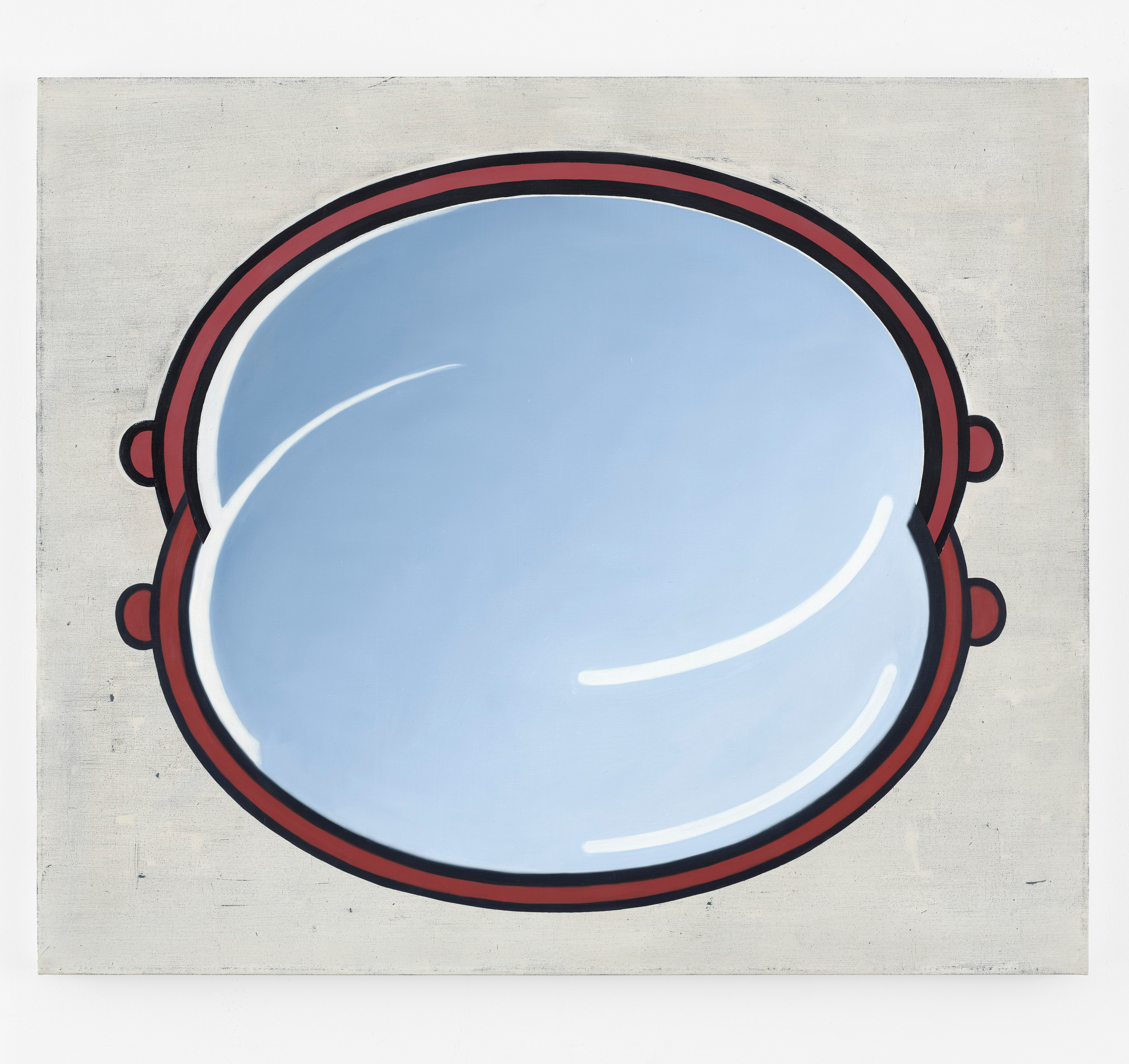 Malerei von Anne Neukamp, Form mit roter Outline und geschwungenen Linien, erinnert an Spiegel