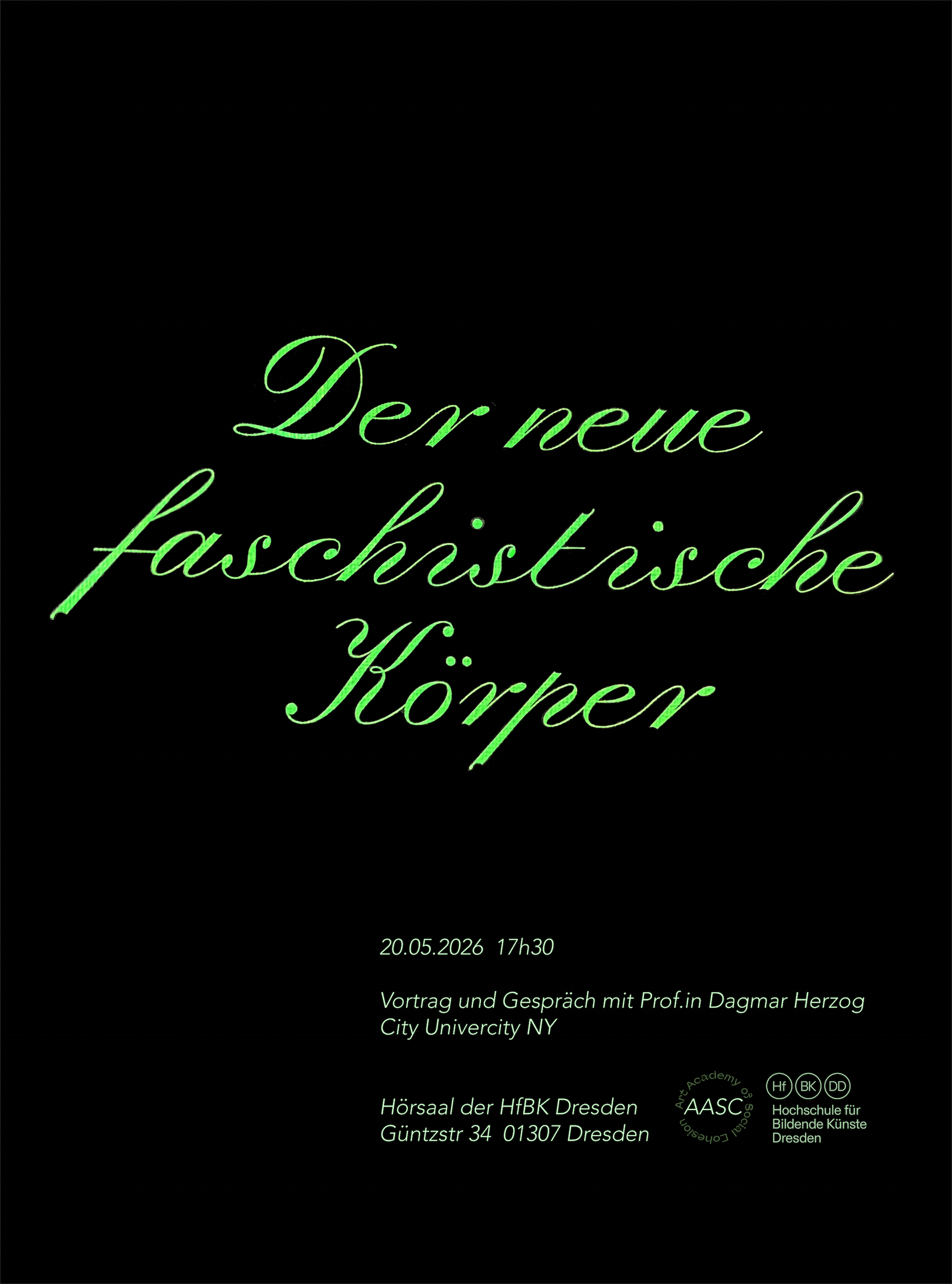 Ankündigungsgrafik: Grüne Script Font auf schwarzem Hintergrund