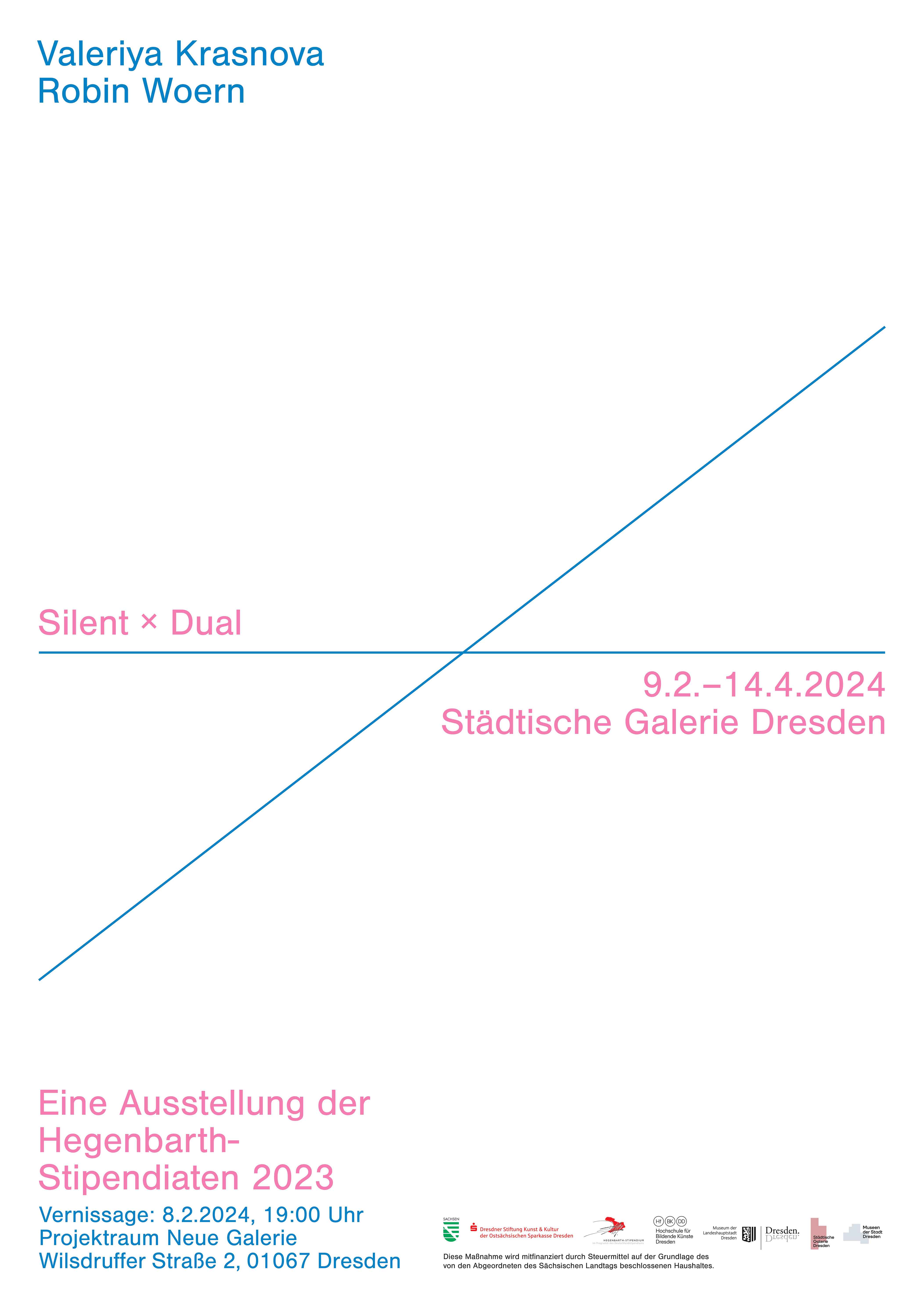 Plakat zur Ausstellung Silent × Dual, viel Weißraum, pinke und blaue Linien