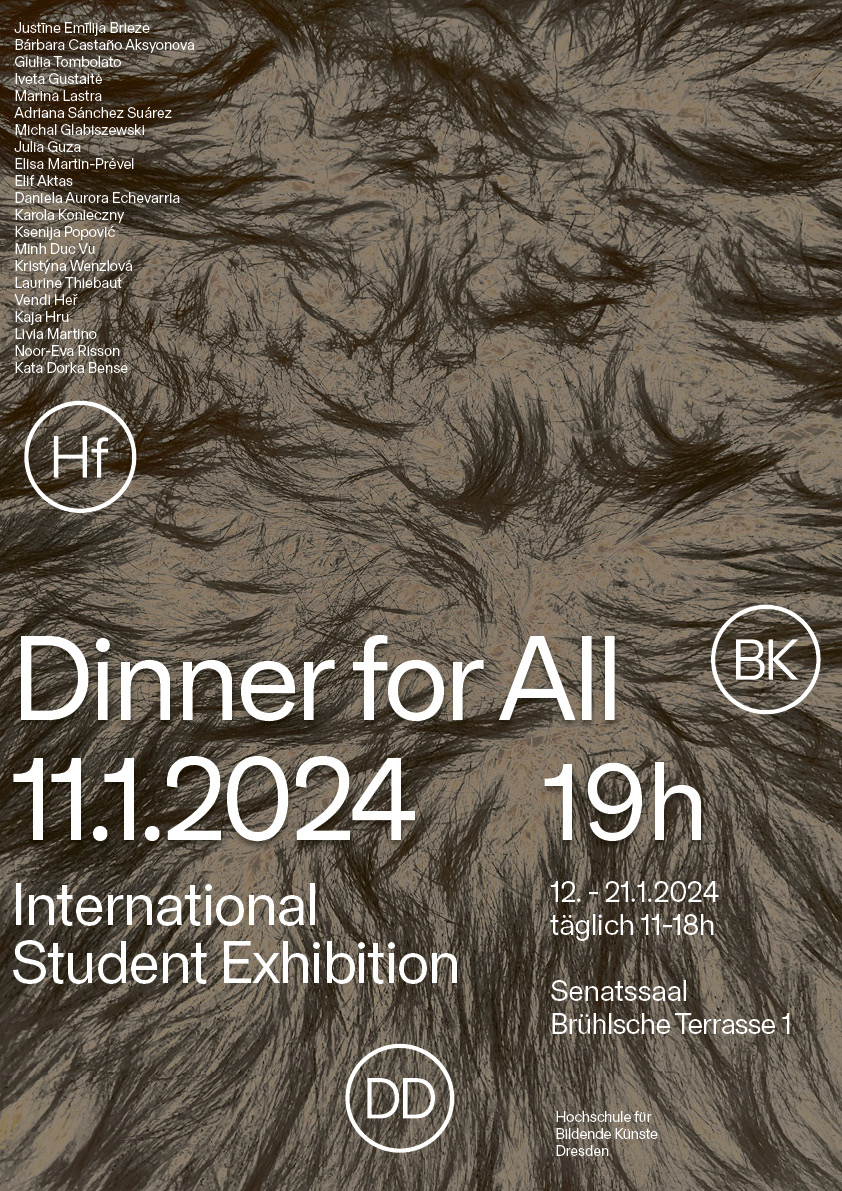Plakat "Dinner for all", dunkle abgeschnittene Haare auf schokobraunem Hintergrund