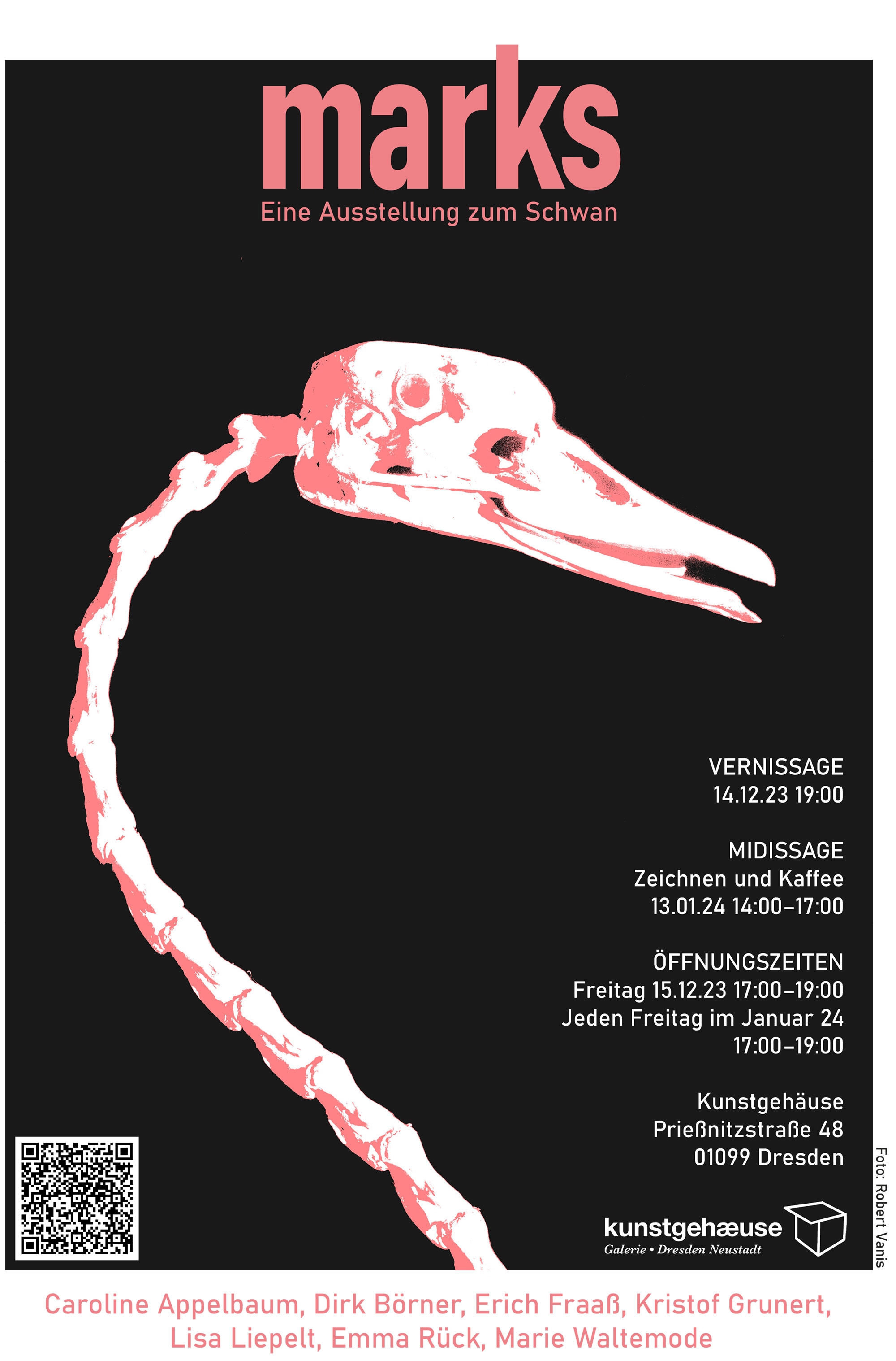 Plakat zur Ausstellung "Marks", es zeigt Schädel- und Halspartie eines Schwanenskeletts Plakat zur Ausstellung "Marks", es zeigt Schädel- und Halspartie eines Schwanenskeletts