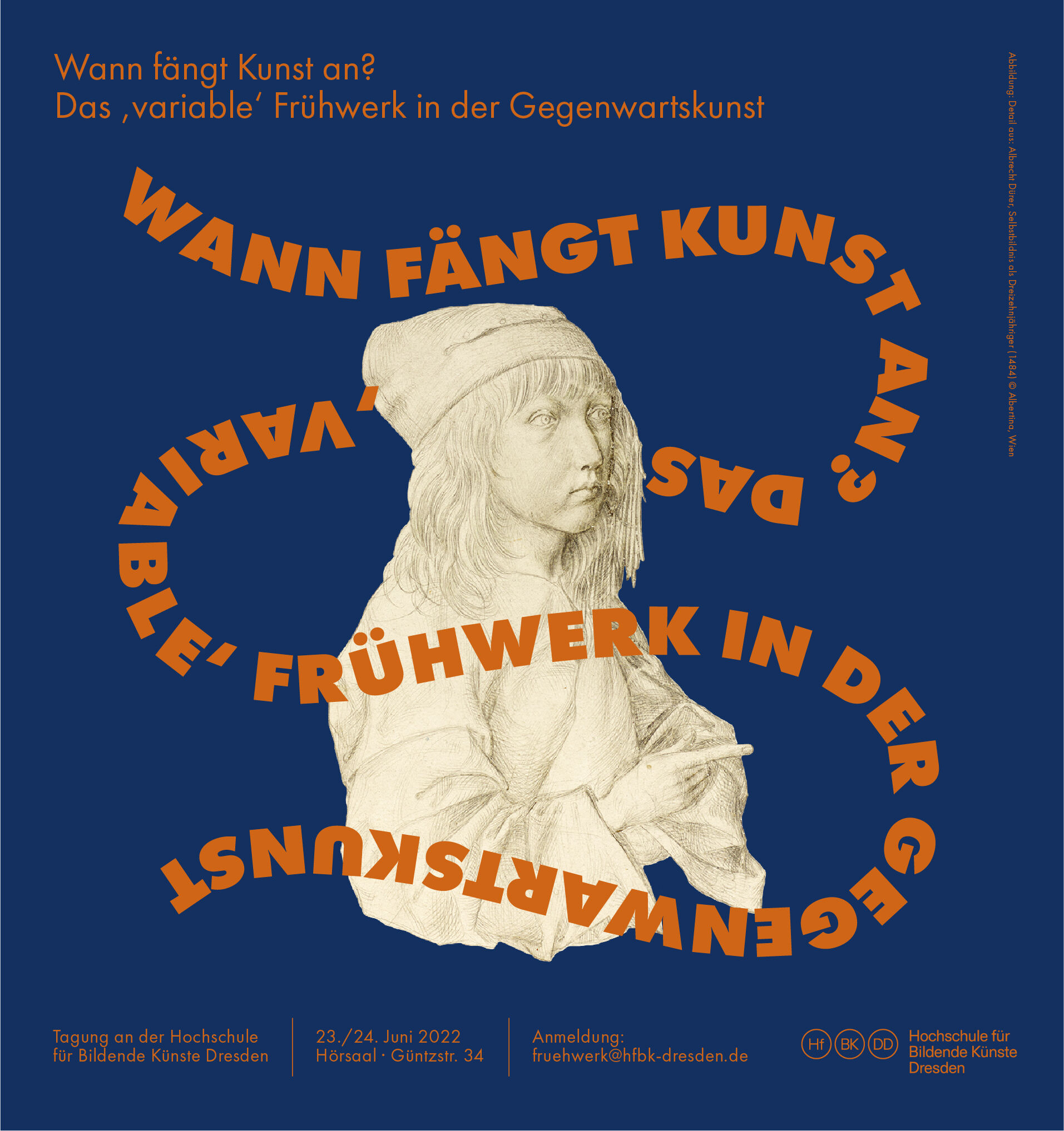 Grafik zur Frühwerk Tagung an der HfBK Dresden. Das Bild zeigt eine historische Zeichnung, um die sich der Schriftzug mit dem Titel windet.