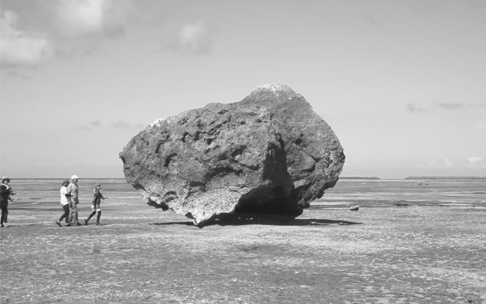 schwarz - weiß Bild eines Felsbrockens am Strand, Fotografie